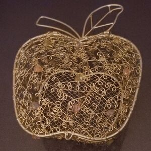 Silver Wire Apple Shaped Basket with Crystal Bead Accents 1990s